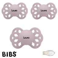 Bibs Infinity Schnuller mit Namen, Symmetrisch Silikon Gr. 2, 3 Dusky Lilac, 3'er Pack